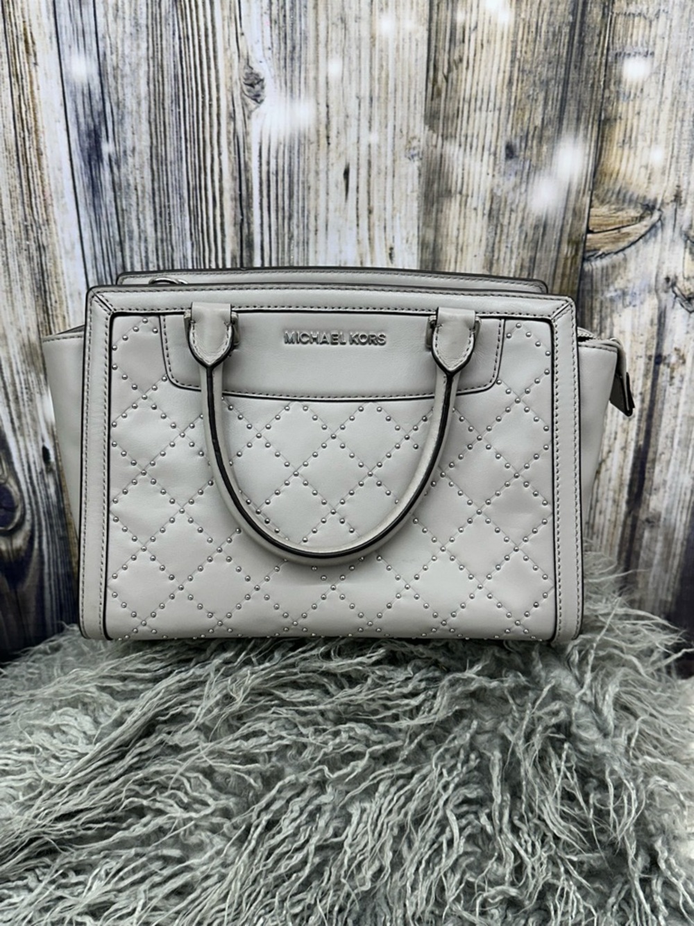 Michael Kors Quilted Studded Satchel in Light Gray